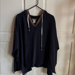 Navy Blue Hooded Poncho with Embroidered Trim
